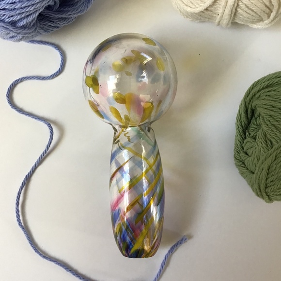 Vintage Hand Blown Glass Sock Darner End of Day Spatter Blue Yellow Pink Art - Picture 2 of 12
